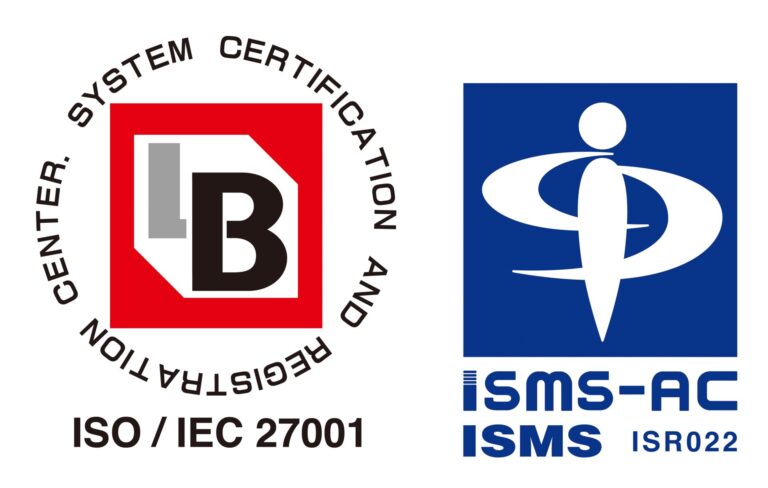 ISO/IEC 27001 認証マークと ISMS-AC 認定シンボル（登録番号 ISR022）